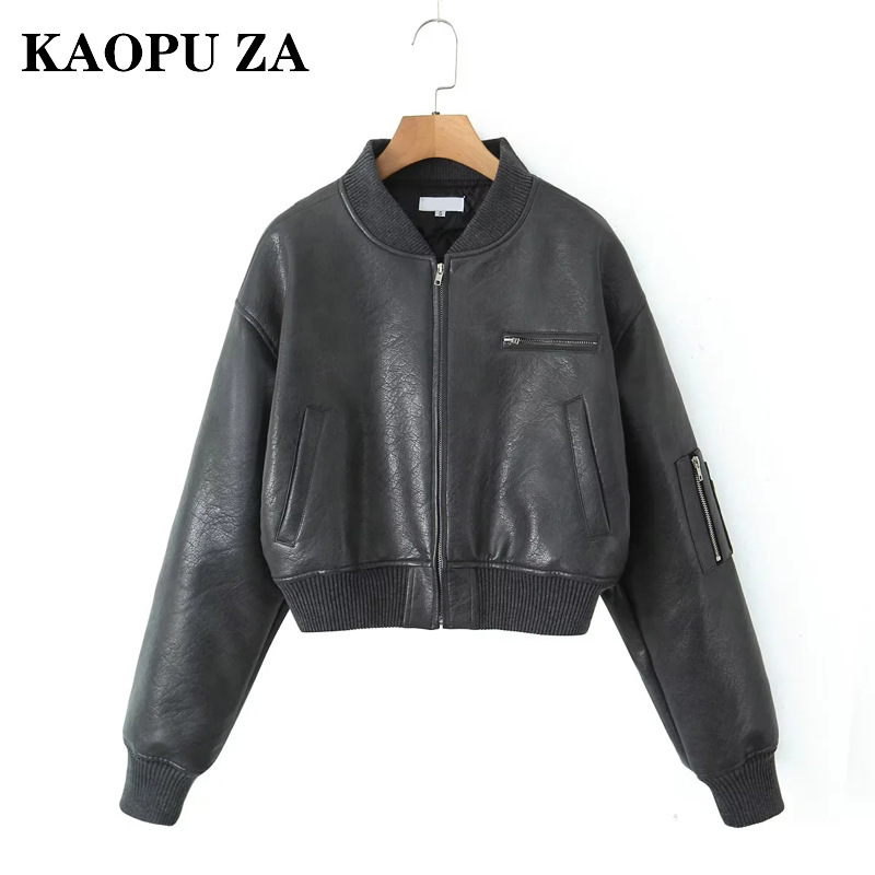 Kaopu Za Retro 2025 Leather Jacket Stand Collar Short Pilot Motorcycle Jacket Design Zipper Jacket Black Kaopu Za Retro 2025 Leather Jacket Stand Collar Short Pilot Motorcycle Jacket Design Zipper Jacket Black