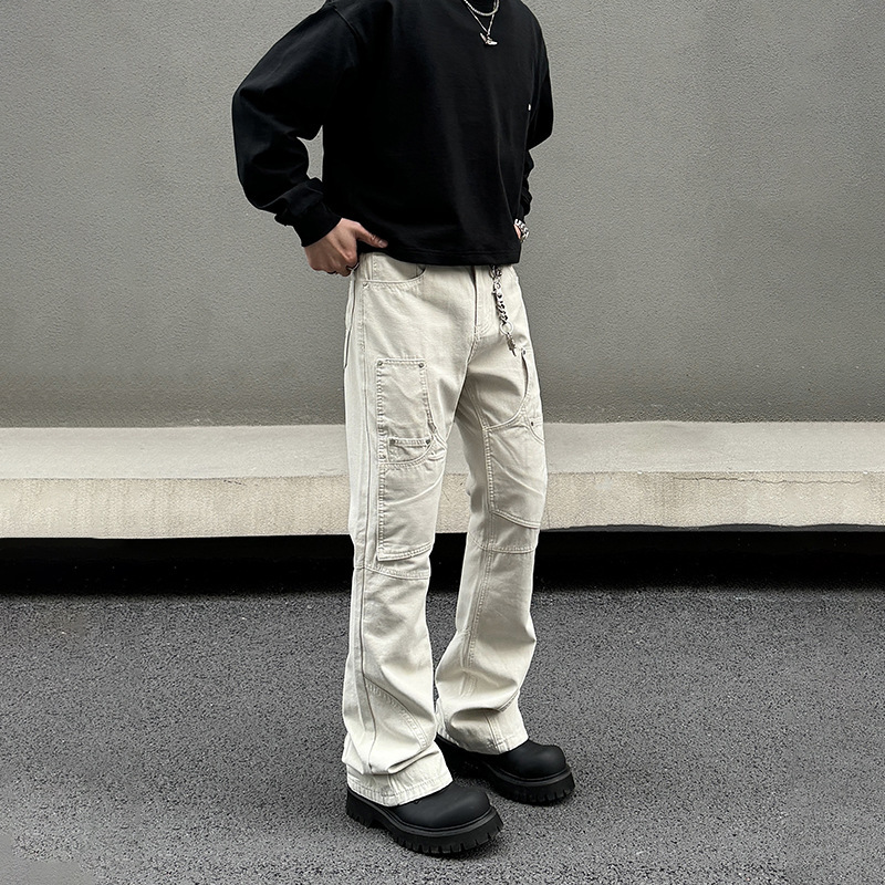 American-style Vibe creamy-white Logging Pants Straight High Street Multi-pocket Rivet Tooling Flared Pants Slim-fit