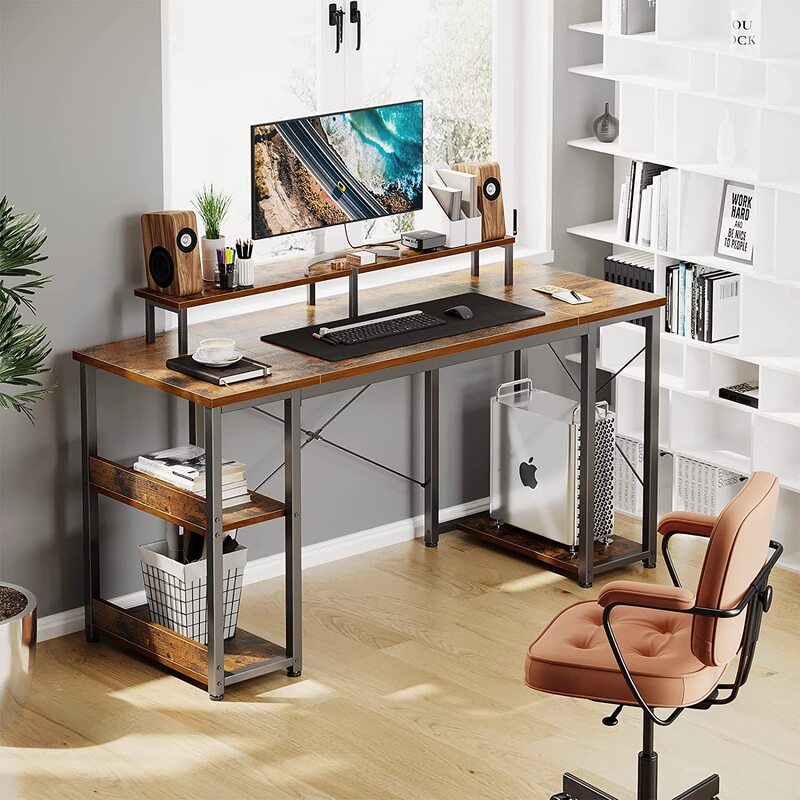 55inch (Approximately 139.7cm)Computer Desk,With Monitor Shelf and Storage Shelves,Writing Desk,Study Room Table