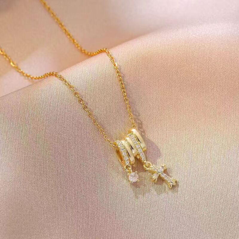 Necklace for Women, Cross-Border Internet Celebrity New Cross Zircon Necklace, Fashionable and Simple Temperament Design, Titanium Steel Clavicle Chain