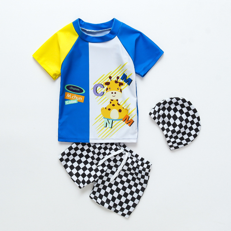 Traje de baño para niños de 2 a 8 años dividido para niños traje de baño de dibujos animados lindo conjunto de dos piezas con gorro de natación traje de baño