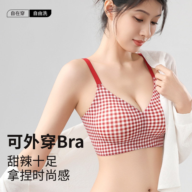 Cross-Border Red and White Plaid Seamless Beauty Back Bra for Small Busts, Enhancing and Anti-Sagging, Thickened Cup, Wireless Bra Cross-Border Red and White Plaid Seamless Beauty Back Bra for Small Busts, Enhancing and Anti-Sagging, Thickened Cup, Wireless Bra