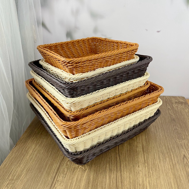 正方形收納籃收納筐水果籃仿藤編織麵包籃子零食筐超市陳列籃