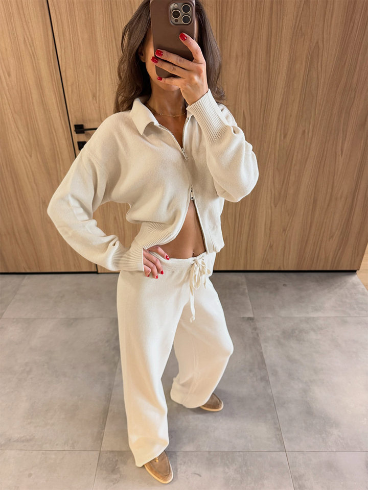 Bộ đôi áo cardigan len cổ polo dáng ngắn khóa kéo và quần dài dệt kim dây rút phong cách Âu Mỹ — Màu be, Màu nâu, màu xám, màu đen chi tiết 7
