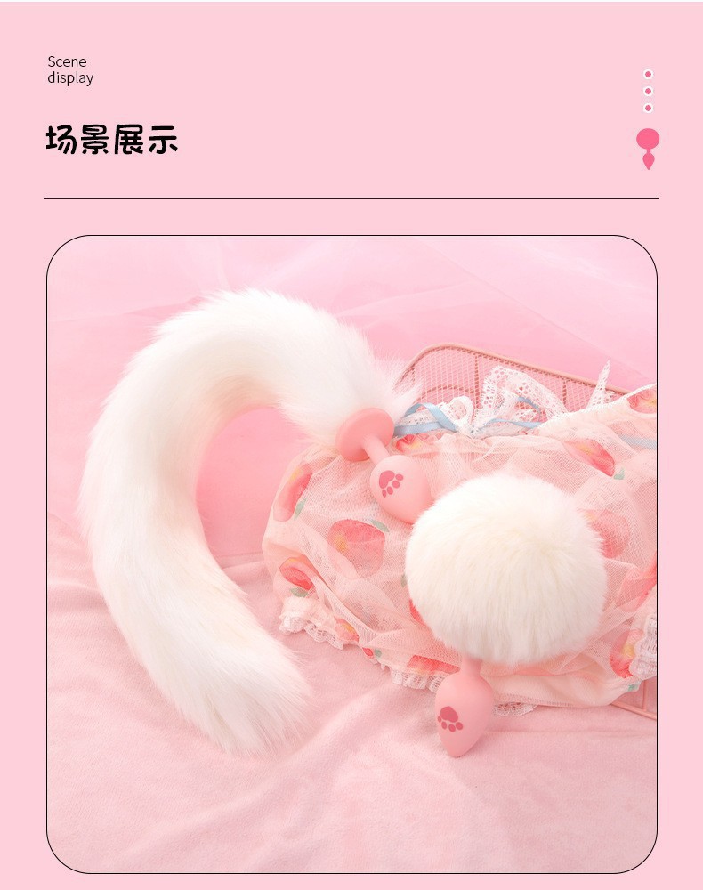 Fox Tail Anal Plug with Silicone Base, Pink and White, Small Size for Adult Couples — detail image 5
