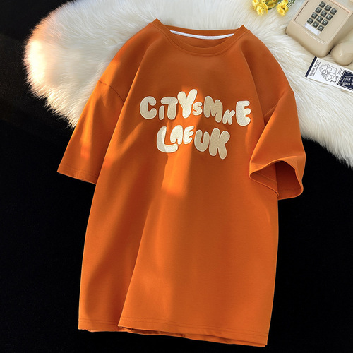 Red Wine T-Shirt Short Sleeve Men's Summer Minority Design Letter Embroidered American Streetwear Brand Heavyweight 100% Cotton T-Shirt