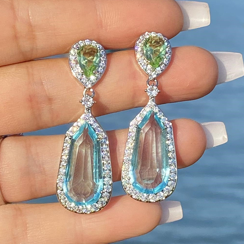 Fashion Sea Blue Zircon Geometric Copper Earrings Wholesale display picture 3