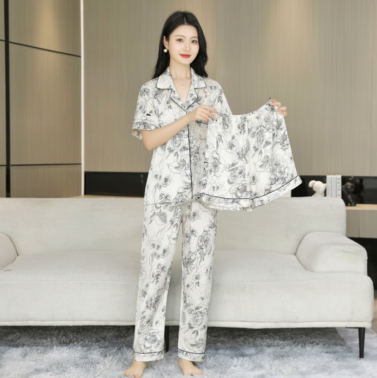 2025 nuevo estilo pijama mujer verano hielo seda fina solapa pantalones de manga corta traje de tres piezas se puede usar en el exterior