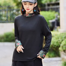 刺绣民族风打底衫女棉2025秋冬款套头长袖T恤半高领内搭秋衣批发