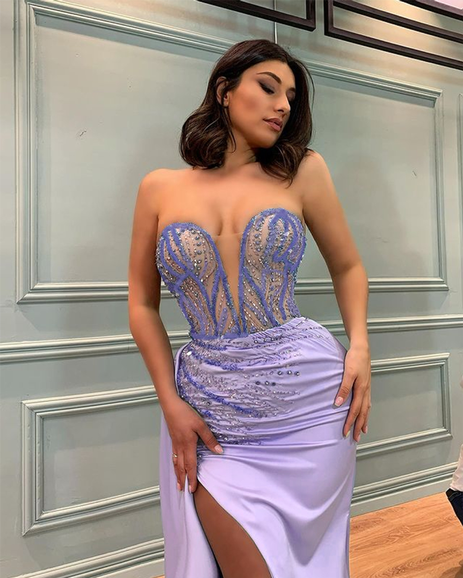 Comercio Exterior de Europa y América nueva boda azul sequined tubo superior vestido de noche Amazon sexy split banquete vestido