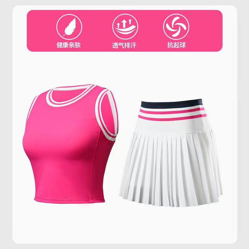 [Traje deportivo] chaleco de bra de cuello redondo de mujer, cintura alta, color combinado, vestido de tenis de pliegues secos rápidos, ropa apretada.