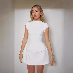 2025 Spring and Summer New Amazon New European and American Clothing Solid Color Round Neck Pocket Design Waist Slim Dress