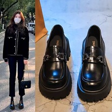 新款金属亮皮厚底乐福鞋女2025秋季增高水钻松糕单鞋英伦风小皮鞋