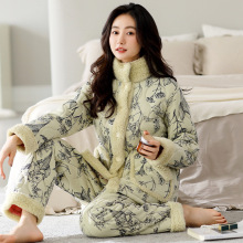 睡衣女士冬季三层加厚加绒夹棉袄中年妈妈秋冬款珊瑚绒家居服套装