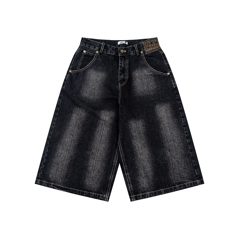 Unisex Vintage Paris Buckle Denim Capri Pants With Bamboo-Joint Wash, Relaxed Fit Over-Knee Shorts For Summer_mkmklike.com