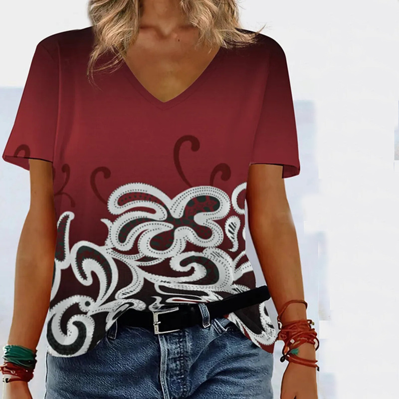 V-Neck Shoulder Short-Sleeved T-Shirt Women's Summer Design Sense Niche Vintage Pattern Printed Top WB14