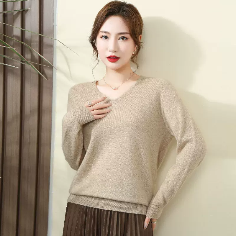 套头100羊绒衫女针织打底衫V领休闲百搭羊绒高级宽松内搭