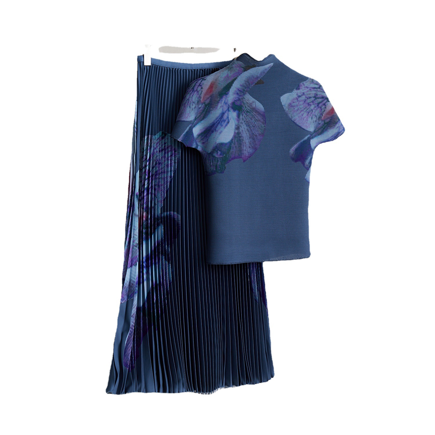 Women's Pleated Skirt Set - Floral Print Top & Long Pleated Skirt - Japanese-Inspired Casual Outfit (Purple/Pink/Dark Green/Gray, Sizes 78-90cm)_ecoleips.com