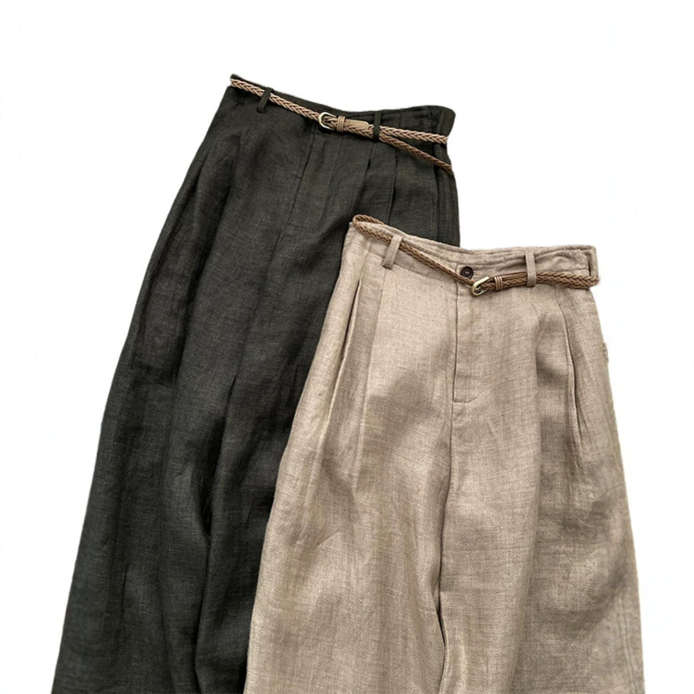 High Waisted Slimming Khaki Linen Wide Leg Pants For Women Trendy Relaxed Straight Leg Casual Trousers_ecoleips.com