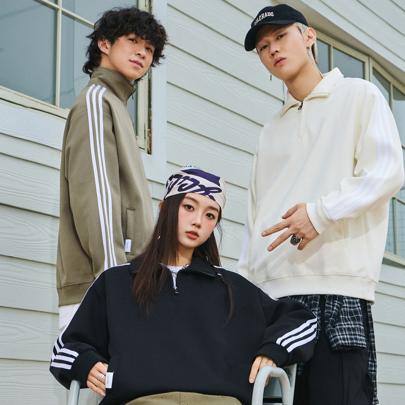 Three-Stripe Stand-Up Collar Heavyweight Sweatshirt Men's American Couple Wear Autumn and Winter Casual Loose Sports Half-Zip Men's Jacket
