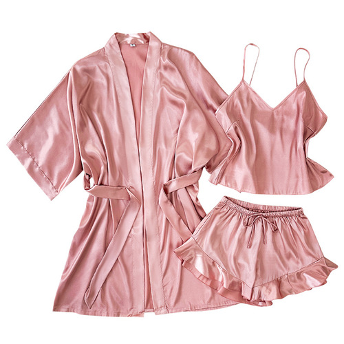 Mid-East robe tie belt kimono-style loose casual bath robe spring and autumn season ice silk thin version sexy nightgown pajama set