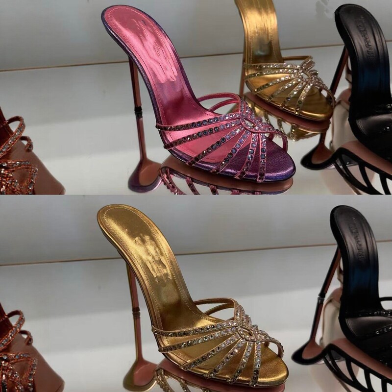 2026 New Model Gold Rhinestone High-Heeled Slippers for Women, Thin Heel, Open-Toe, Luxury Style, Suitable for Parties, Fashionable for Outdoor Wear 2026 New Model Gold Rhinestone High-Heeled Slippers for Women, Thin Heel, Open-Toe, Luxury Style, Suitable for Parties, Fashionable for Outdoor Wear