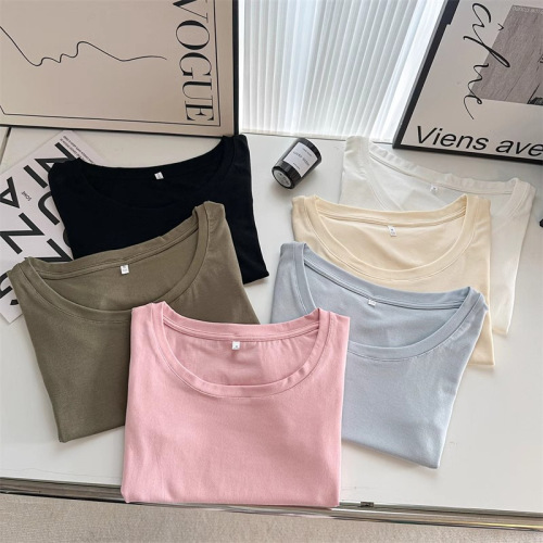 Solid color short-sleeved T-shirt for women summer new low round neck slim shoulder slim collarbone 260g top new INS