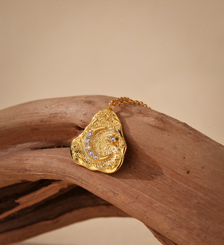 925 Sterling Silver Irregular Moon Zircon 18K Gold Plated Pendant Necklace display picture 3