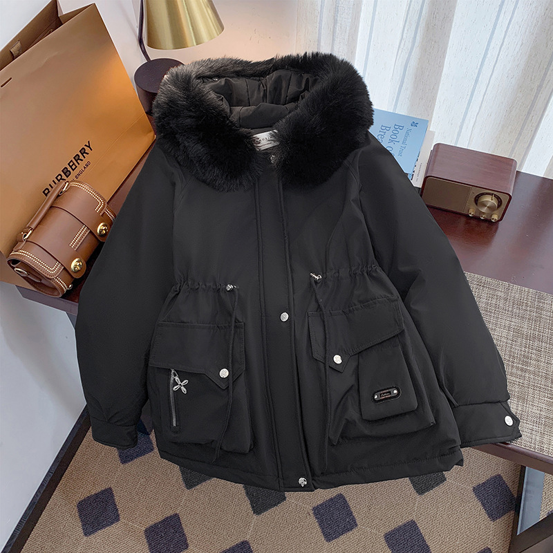 Transfronterizos de ropa de mujer más terciopelo grueso para superar la mujer corta 2024 invierno nuevo cuello de lana suelto delgado abrigo de plumón