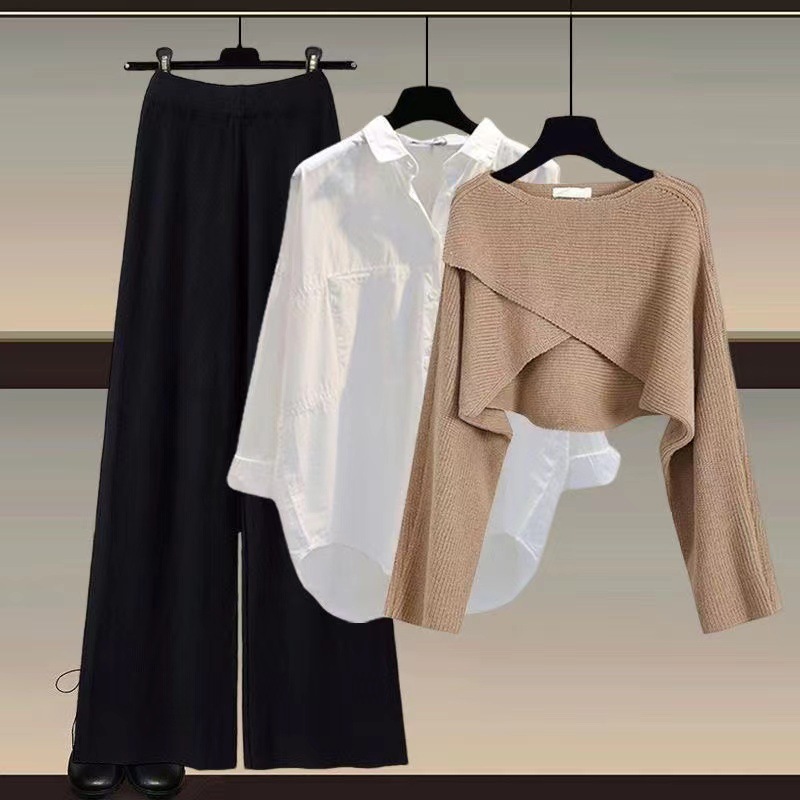 GraceChic Strickpullover, Hemd und weite Hose, dreiteiliges Set, Herbst/Winter-Outfit 2024, Damenmode in großen Größen_voghion.com