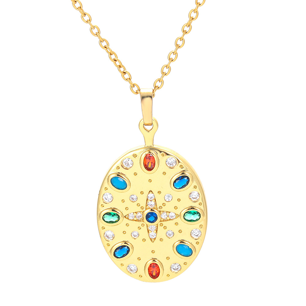 Vintage Bohemia Micro-set Colored Zircon Pendant Oval Copper Necklace Wholesale display picture 1