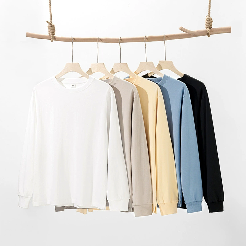 230 г тяжелый хлопчатобумажная футболка с длинными рукавами для юношей осенью простой дикий с круглым вырезом