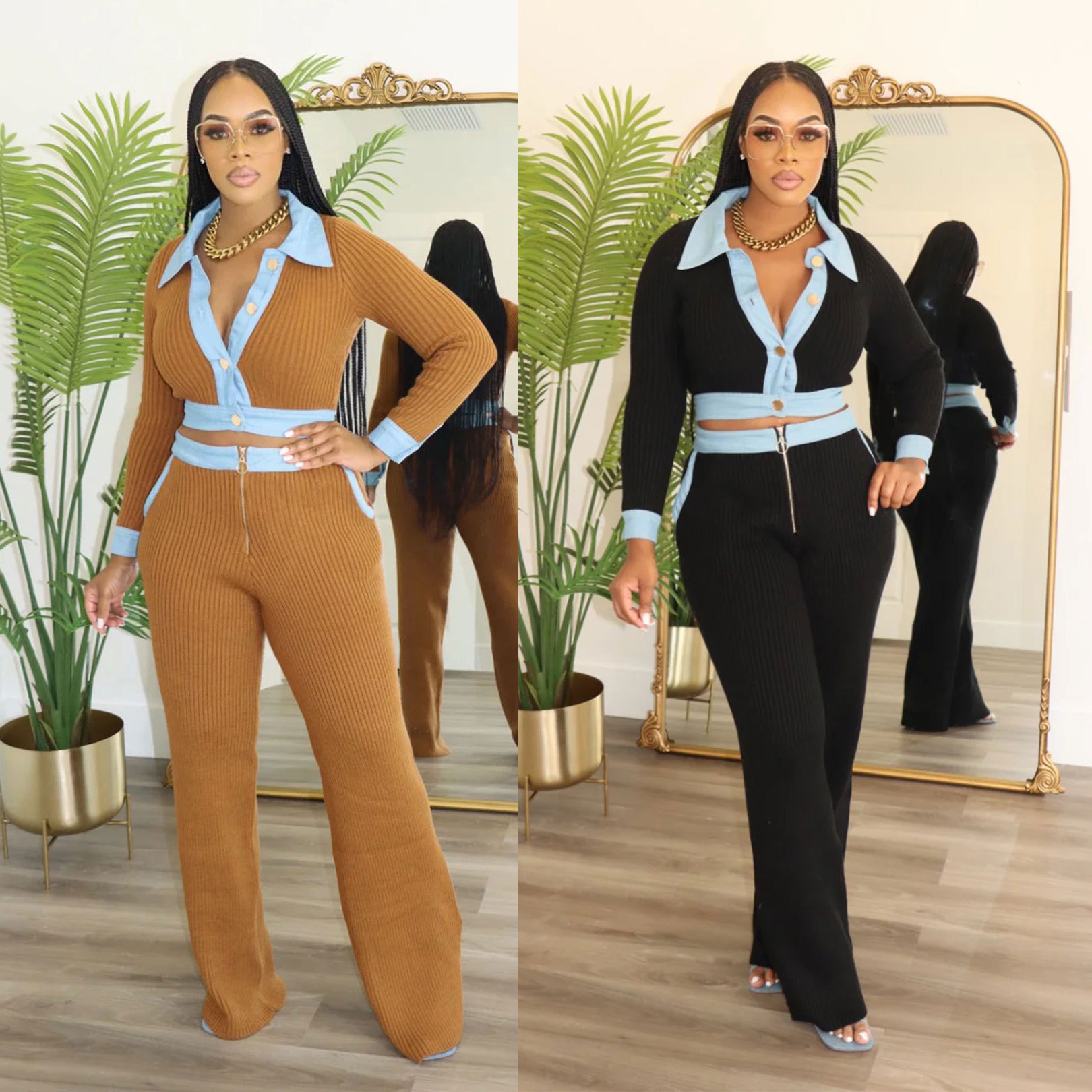 Abbigliamento donna sexy monopetto slim retro polo slim maglia pantaloni maglione due set_voghion.com
