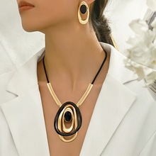 跨境TEMU热卖复古圆环椭圆吊坠项链时尚魅力创意精致夸张套装批发