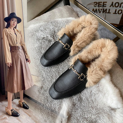 Women's 2023 Autumn/Winter Rabbit Wool Cotton Shoes with Fleece Lining, Flat English Style Slip-On Beanpole Shoes