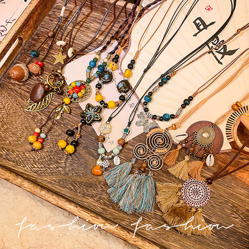 Oak nut forest-style plant dried fruit long-length ethnic-style accessory for men and women, handmade cotton and linen clothing necklace