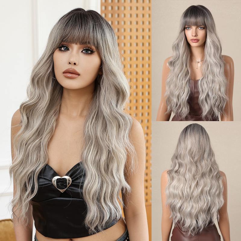国境を越えた欧米のかつらの女性hairチー前髪長いカールグラデーションホワイトゴールド新製品メカニズム化繊頭カバーwigs|undefined