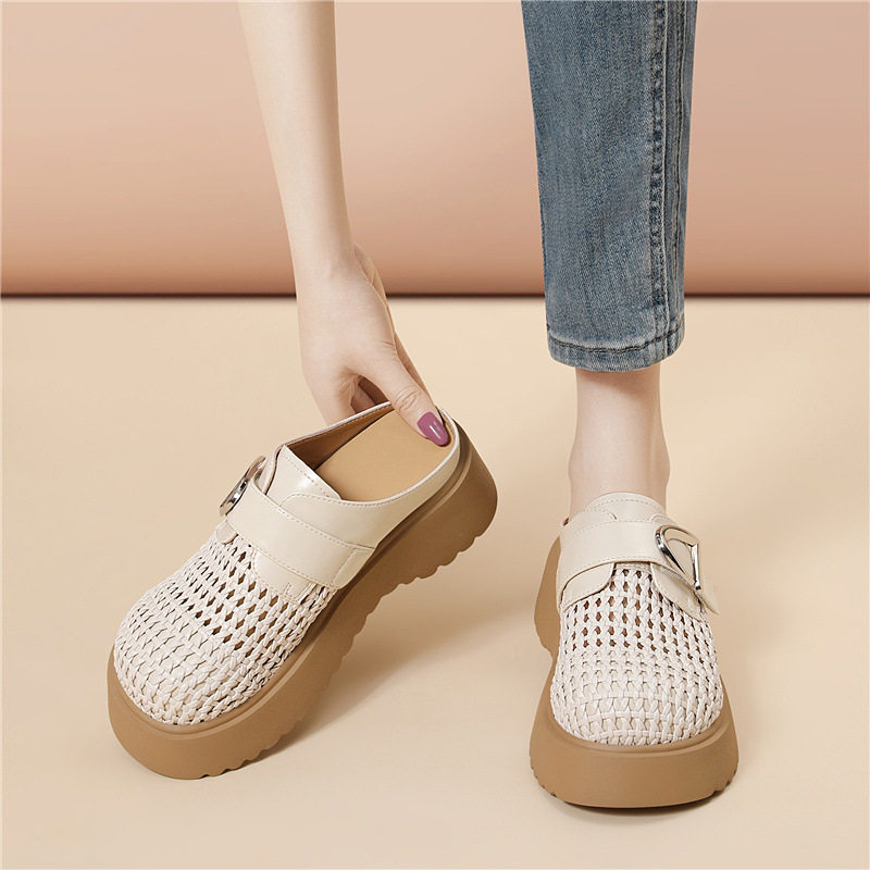 Giày mule nữ đế xuồng cao gót 5cm, dáng hở gót, thoáng khí, phong cách thời trang hè — 6103 Màu be, 6103 Da đen