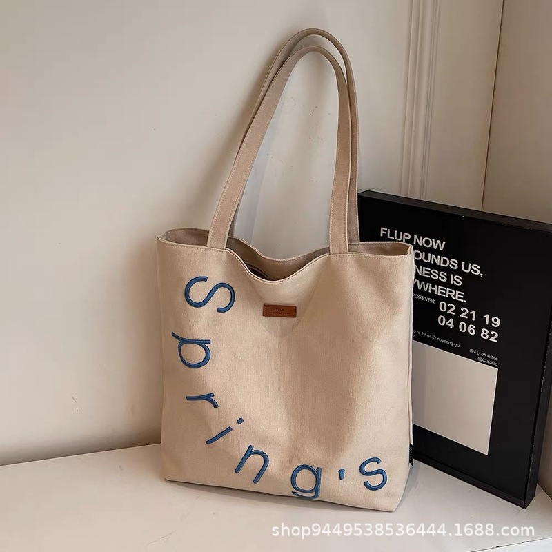 刺繍入り斜め掛けレターキャンバスバッグ レディース カジュアル 大容量 ショルダー トートバッグ 多用途 学生 通学 ハンドバッグ|undefined