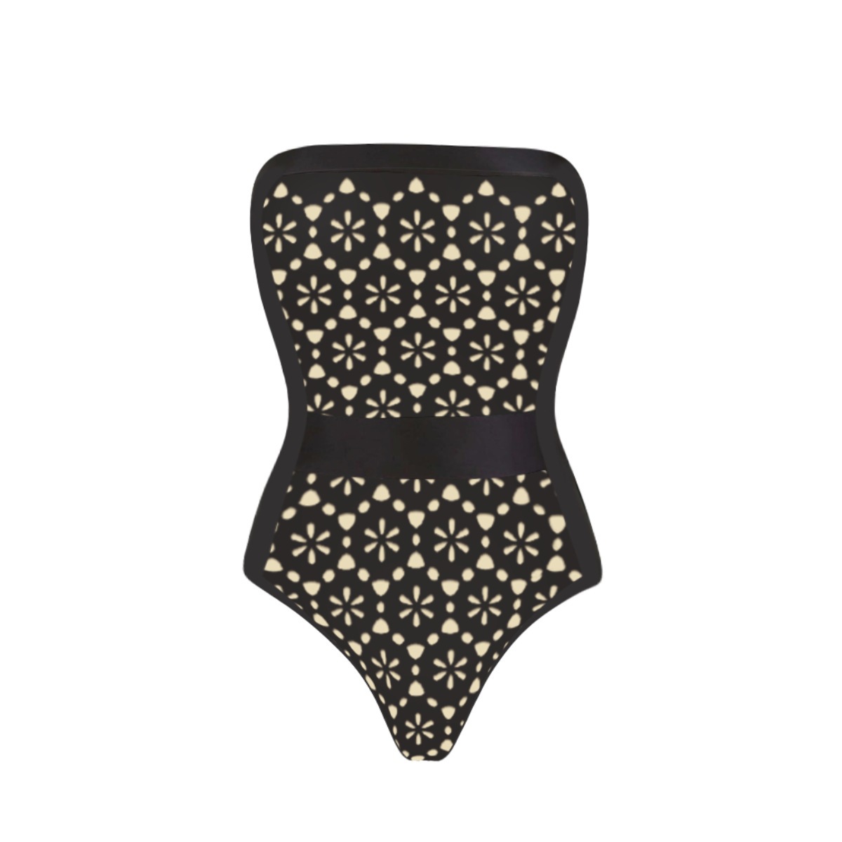 Costume intero nero a fascia con abito traforato elegante_voghion.com