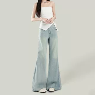 浅色阔腿微喇叭牛仔裤女2025年春季新款高腰宽松垂感百搭拖地长裤
