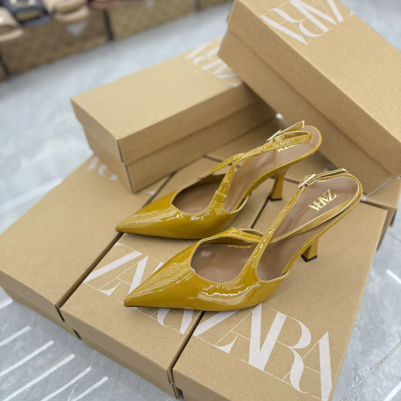 Za2025 New Autum Women's Shoes Green Patent Leather High Heels Mule Shoes Stiletto Pointed Toe Shoes Back Strap Sandals