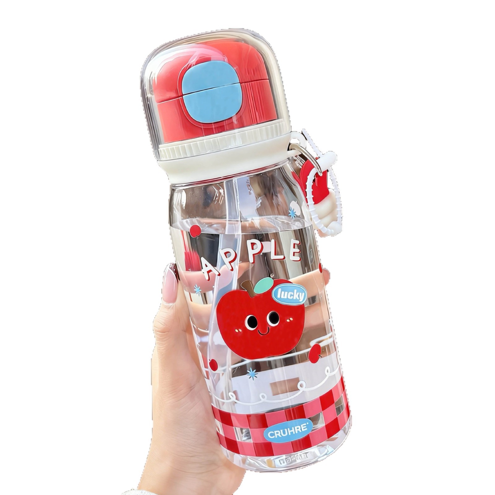 Hermosas tazas de agua de plástico para niñas de alto valor nominal tazas de paja de manzana roja de dibujos animados para estudiantes y niños portátiles tazas de doble bebida