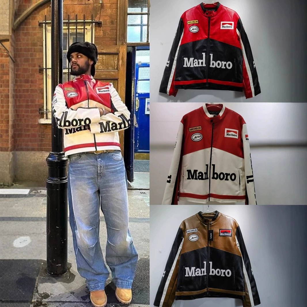 Кожаная куртка с полным вышиванием PU Marlboro, тяжелая отделка, сшивание, ручная работа, готико-панк стиль, ретро стиль деревяг locomotive leather