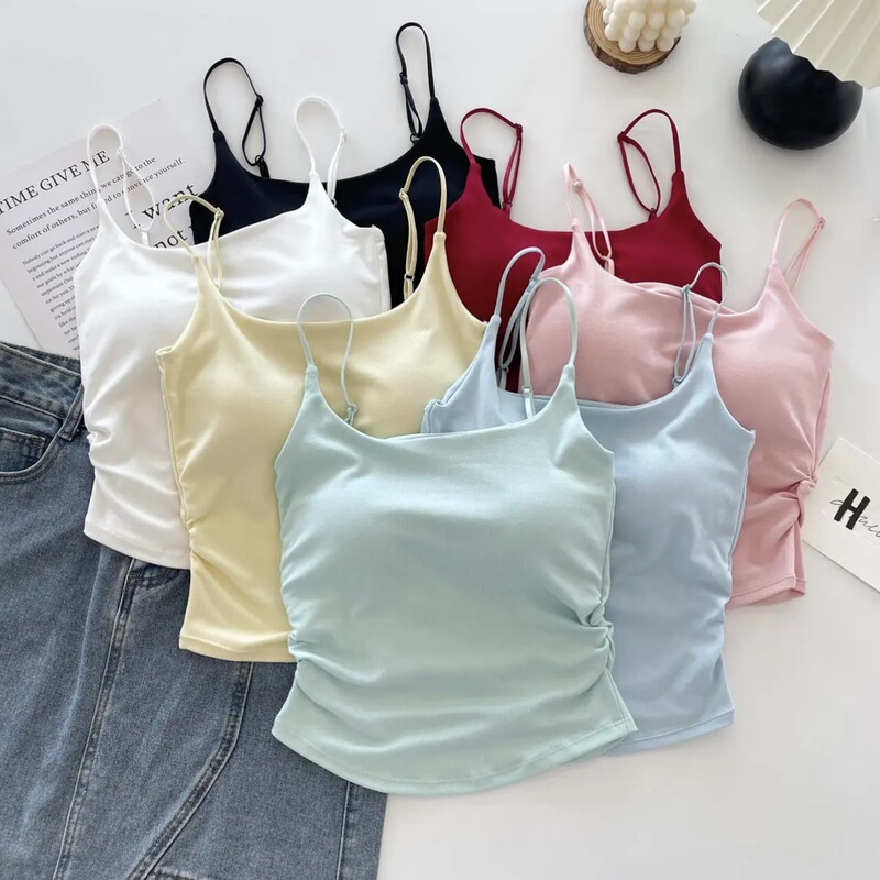 New Summer Pure Sweet and Spicy Design Pleated Sling Women's Vest with Chest Pad Inner Wear Outer Wear Slim-fit Beautiful Back Top