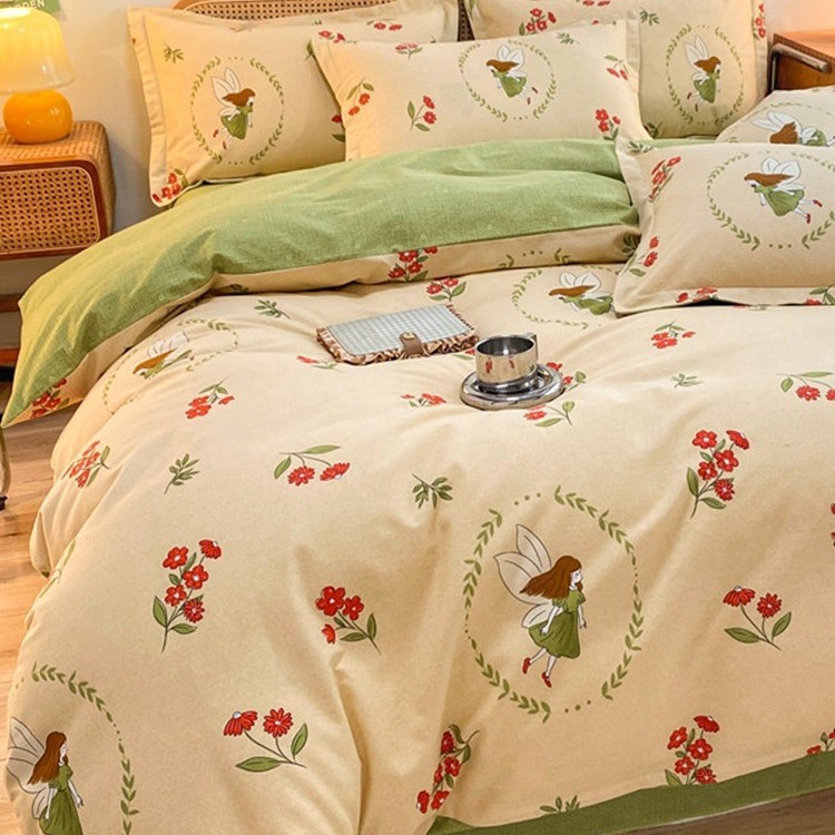 Cotton Thickened Sanding Quilt Cover Four-piece Set Cotton Bed Sheet Pillowcase Cartoon Cute Bedding Student Three-piece Set