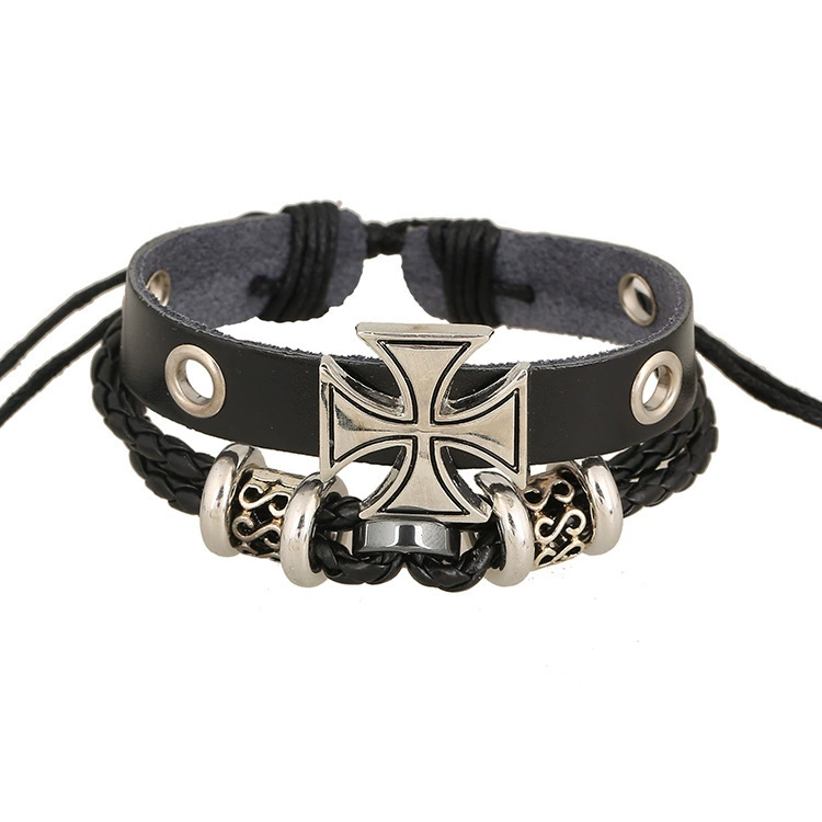 Leather Bracelet Yiwu Ancient Roman Cross, Two-Layer Cowhide, Adjustable 17 cm