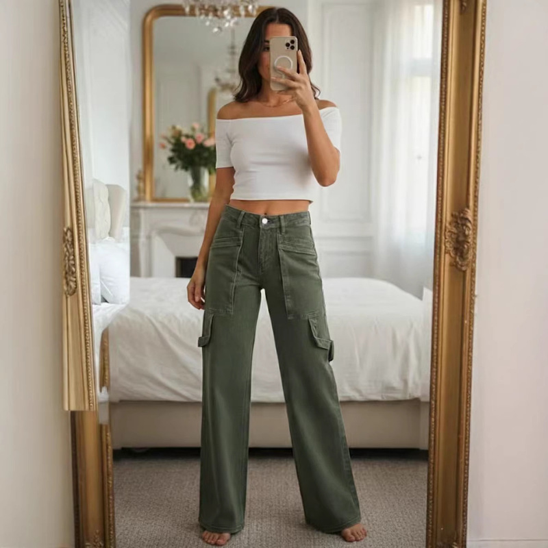 New Women's Straight-Leg Denim Utility Pants - Casual Versatile Work Pants, Suitable for Everyday Fashion with High Waist