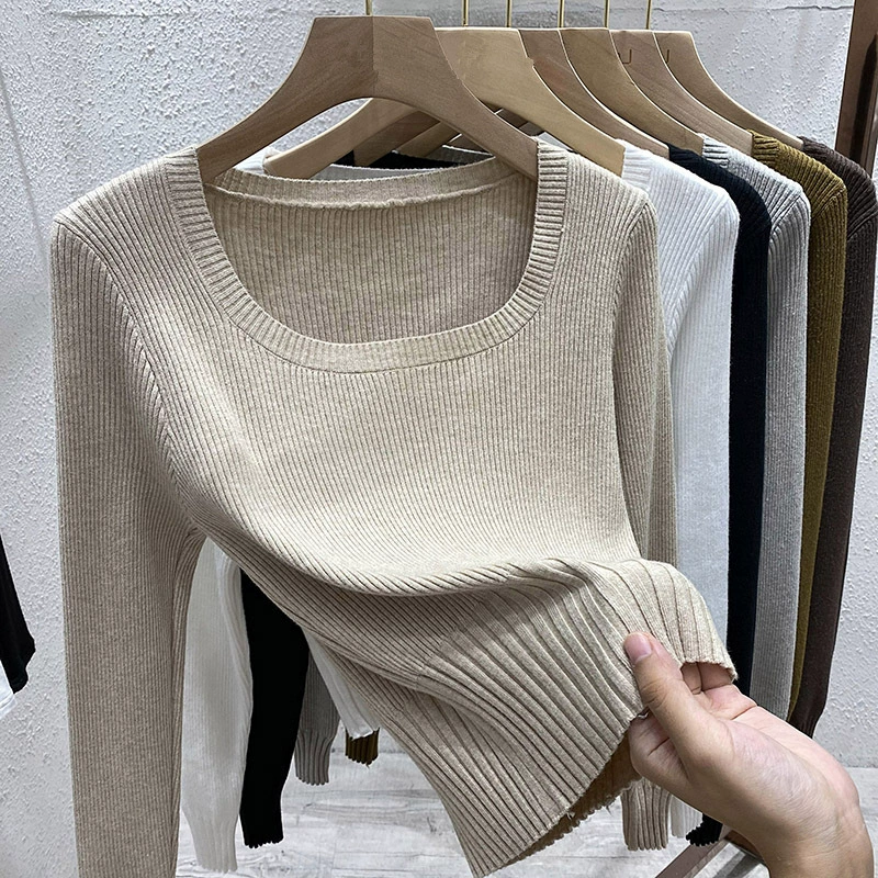 Французский трикотажный топ с квадратным вырезом, новинка осени 2025, однотонная женская базовая одежда, модный утягивающий топ.