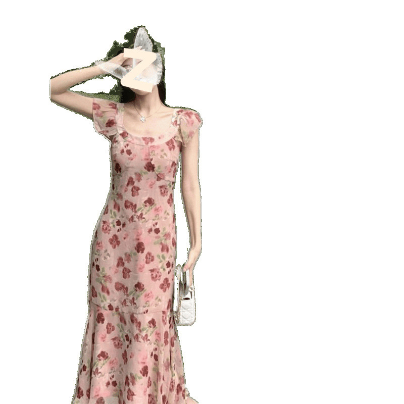 夏フレンチフレッシュスリムフィットドレス婦人服2025新しい気質海辺休暇花柄ロングスカート|undefined